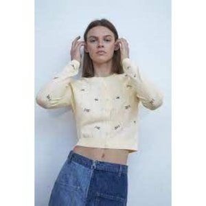 ZARA Embroidered Knit Cardigan Cream Small